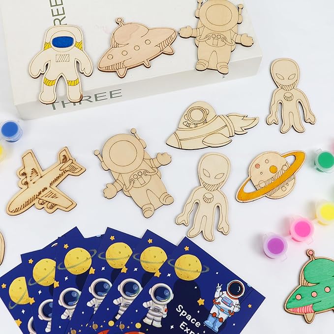 LARDUX Space Party Favors, 24PCS DIY Wooden Arts & Crafts Painting Kit for Kids, Glow in The Dark Party Favors Family Crafts Birthday Party Christmas Gifts Toys for Boys Girls