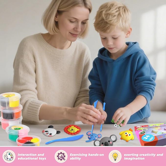 Air Dry Clay Kit for Kids, DIY Model Magic Clay, 24 Colors Animal Modeling Clay with Sculpting Tools, Ultra Light & Soft Creative Arts and Crafts Toys Gifts for Boys Girls