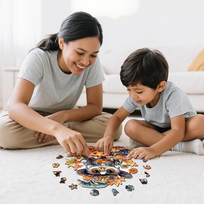 Wooden Puzzles for Adults - 268 Pieces Halloween Owl Wooden Jigsaw Puzzle - Unique Animals Shape Wood Cut Puzzles - Eco-Friendly Home Office Decor (L-13.3 * 12.4in)