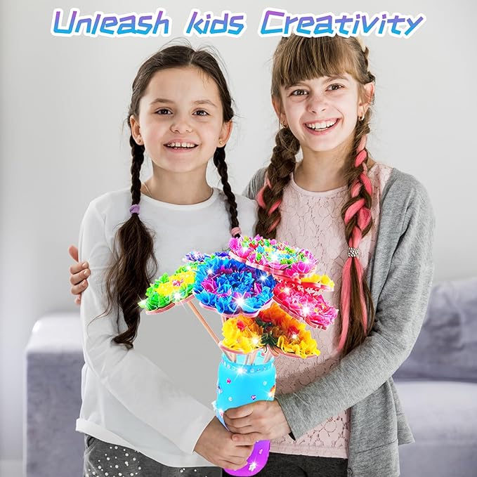 FJBICODA Poke Art Flower Bouquet Craft Kit - Arts and Crafts for Girls Ages 5-12 - Make Your Own Bouquet with 8 Flowers 2 Butterflies & 1 Vase - DIY Activities Gifts for 5 6 7 8 9 10+ Year Old Kids