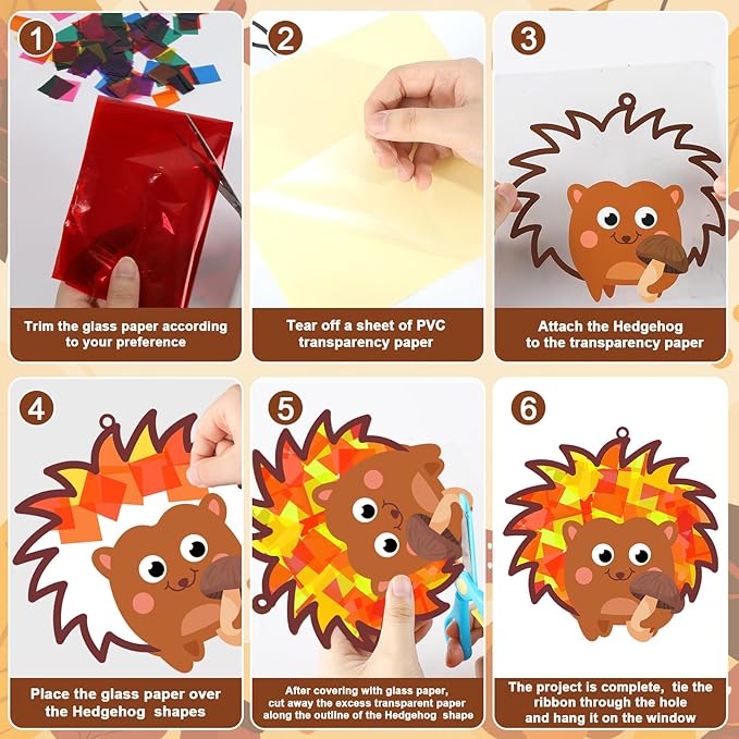 QOUBAI 32 Sets Hedgehog Suncatchers Craft Kit DIY Window Stained Glass Effect Thanksgiving Hedgehog Paper Crafts Home School Classroom Decoration Kid Birthday Gift Creative Art Project Activity Game