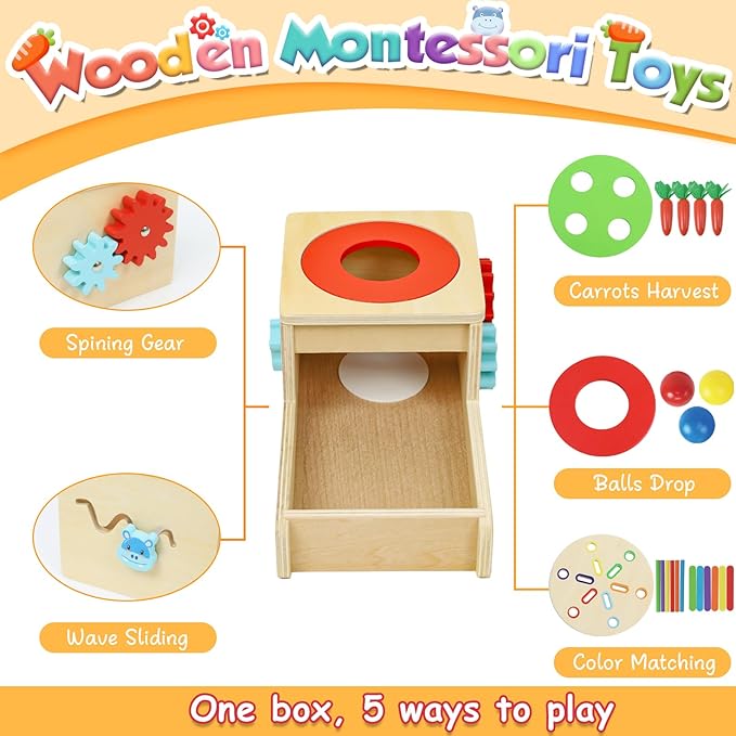 Montessori Toys for 1 Year Old, 6 in 1 Wooden Toys for Baby Boy Girl, Object Permanence Box, Color&Shape Sorting Learning Matching Game, Carrot Harvest, Preschool Educational Gift (New Coin Box)