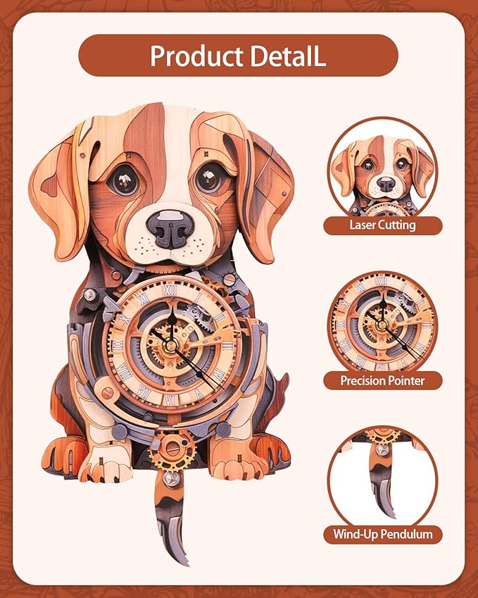 3D Wooden Puzzles for Adults, Beagle Clock DIY Kit with Pendulum, Beginner 28 Pcs Wooden Puzzles, Creative Gift Ideas for Adults and Teens