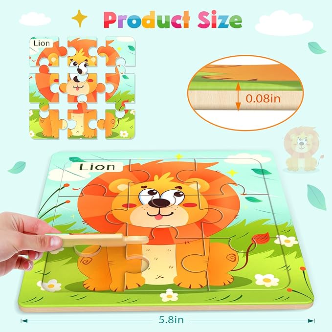 Wooden Puzzles for Toddlers, 8 Pack Animal Jigsaw Puzzles for Kids3-5, 9 Pieces Preschool Learning Activities, Learning & Educational Toys, Gift for Boys, Girls