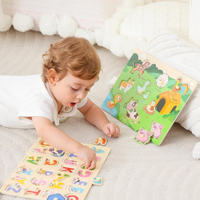 GRINNIE Wooden Toddler Puzzle for 3 4 5 Years Old, Preschool 4 PCS Learning Toy Ages 2-4 Kid Puzzles (ABC, Shape, Farm and sea Animals), Educational Toy Gift for Girls Boys Birthday Christmas
