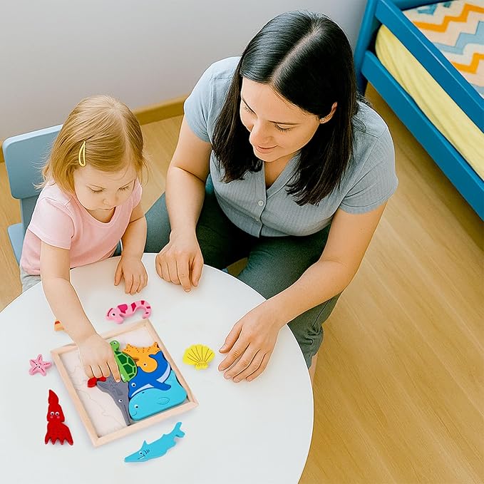 LovesTown Wooden Sea Animal Stacking Puzzles, Chunky Montessori Jigsaw Toys for Kids, Educational Preschool Learning Toys, Toddler Birthday Gifts, 12 PCS