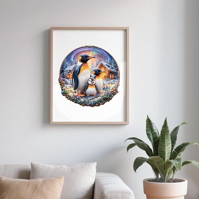 Wooden Puzzles for Adults - Aurora Penguins Wooden Jigsaw Puzzle 95 pcs - Unique Animal Shape Wood Cut Puzzles - Eco-Friendly Home Office Decor (8.4 * 8.4in)