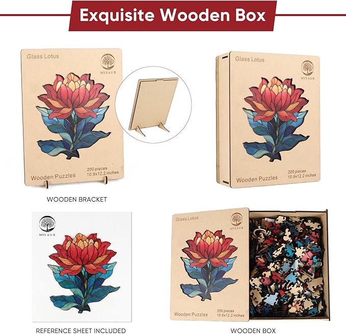 Wooden Puzzles for Adults - Glass Lotus, Unique Shaped Jigsaw Puzzle, Wood Puzzles Adult, Creative Gift for Kids Family Game, 300Pcs, 13.1x14.7