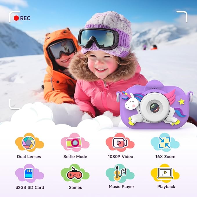 Kids Camera Digital Camera for Age 3-8, 1080P Toddler Video Camera for Kid with 32GB SD Card, Toddler Girls Toys Age 6-8, Christmas Birthday Gifts for Children Kid