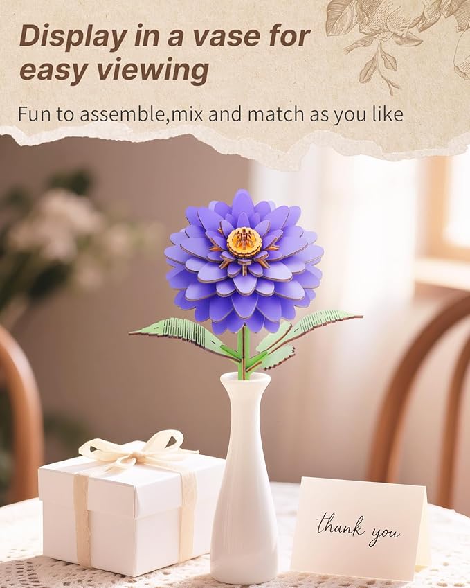Welsky 3D Dahlia Wooden Puzzles for Adults, DIY Wooden Flower Craft Kit, Artificial Flowers Model Kit to Assemble for Adults.(6.14 * 3.9 * 8.86in 117PCS)