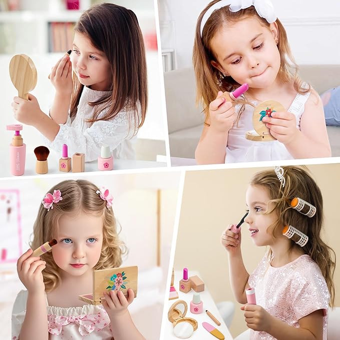 Lonico Wooden Makeup Toy Set for Girls Pretend Play Makeup Kit for Toddlers 3-5 with Eyeshadow/ Mascara/ Perfume/ Blush/ Mirror/ Bag, Birthday Gifts for Girls Toys Kids Aged 3 4 5 6 7 8