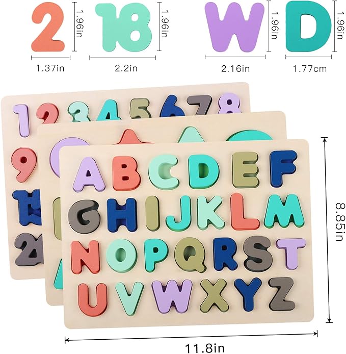Wooden Puzzles for Toddlers, Voamuw Wooden Alphabet Number Shape Puzzle Toddler Education Learning Toys for Kids Ages 3 4 5 Years Old (Set of 3)