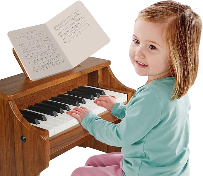 Wood City Wooden Piano Toys (25 Keys) Mini Music Educational Instrument Toy Toddler Baby Kids Piano Keyboard with Music Stand and Color Coded Keyboard Stickers for 3-7 Year Old
