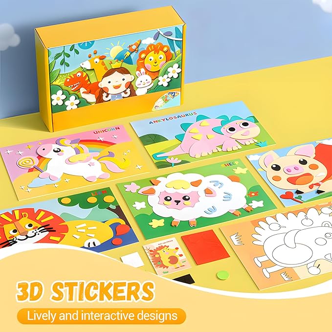 3D EVA Sticker Craft, 12pcs/Set Sticker Puzzle Pleasure DIY Cartoon Animal Learning Education Program for Toddler Kids Art Craft Kits (Set of 4)