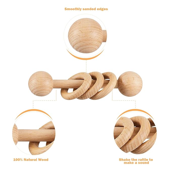 Wooden Baby Rattle, Newborn Wooden Rattle Toy, Natural Wooden Montessori Baby Grip 3 Ring Toy, Baby Gift Toy, Wood Rattle-1