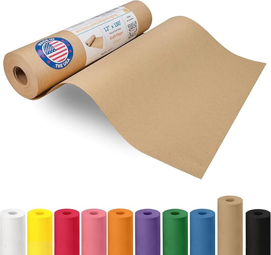 Brown Paper Roll 12" x 2160" (180 feet) - USA-Made Kraft Paper 30lb Thickness - Ideal for Wrapping, Packing, Moving, Shipping, and Arts & Crafts - 100% Recycled Natural Material by IDL Packaging