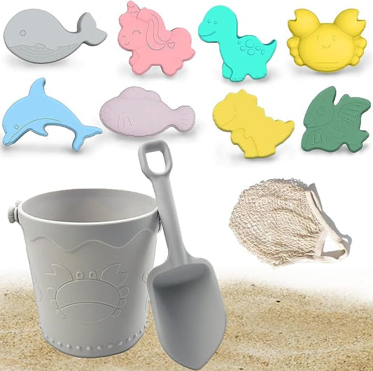 11Pcs Baby Beach Toys, Silicone Beach Toys, Baby Beach Essentials, Travel Friendly Beach Set, 1 Bucket, 1 Shovel, 8 Sand Molds, Beach Bag, Sand Toys for Toddlers 1-3 (Gray)