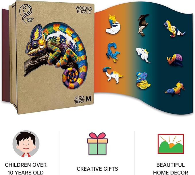 Wooden Puzzles,Chameleon Jigsaw Puzzles,200 Pieces Colorful Animal Puzzle,Birthday Gift Family Game 11 x 11 Inch,Unique Shaped Wooden Puzzle for Adults