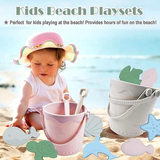 11Pcs Baby Beach Toys, Silicone Beach Toys, Baby Beach Essentials, Travel Friendly Beach Set, 1 Bucket, 1 Shovel, 8 Sand Molds, Beach Bag, Sand Toys for Toddlers 1-3 (Gray)
