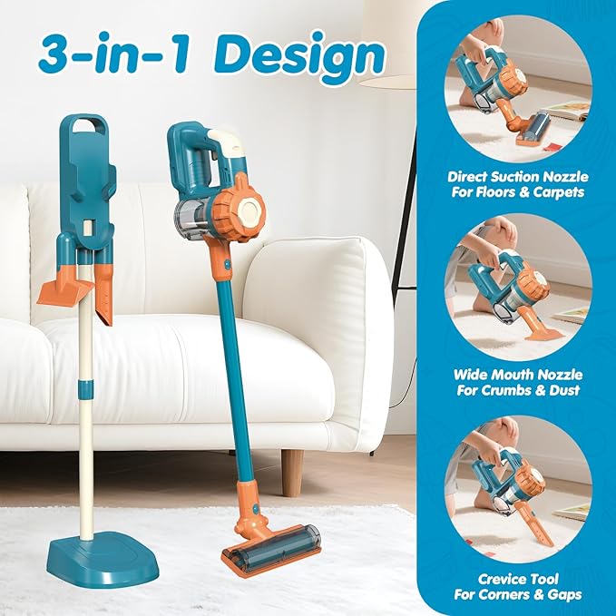 3-in-1 Kids Vacuum That Really Works – Working Toddler Vacuum Cleaner with Real Suction, Montessori Pretend Play Cleaning Toy Gift Set for Boys and Girls Ages 3+