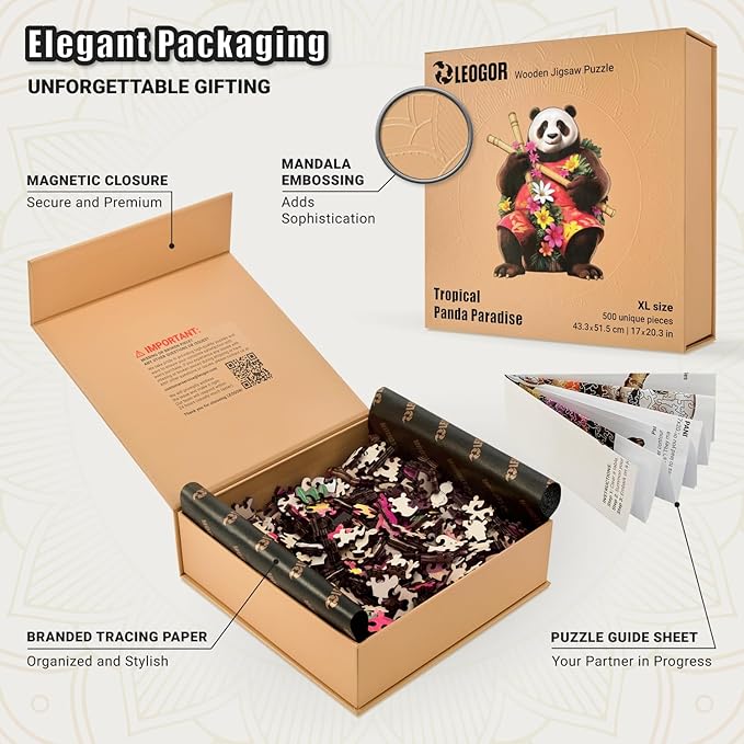 LEOGOR Wooden Puzzles for Adults – 500 Piece, 17 x 20.3 in Extra-Thick 5mm Wood Puzzles Adult, Animal Shaped XL Mosaic Jigsaw, Tropical Panda Paradise, Unique Hand-Drawn Pieces