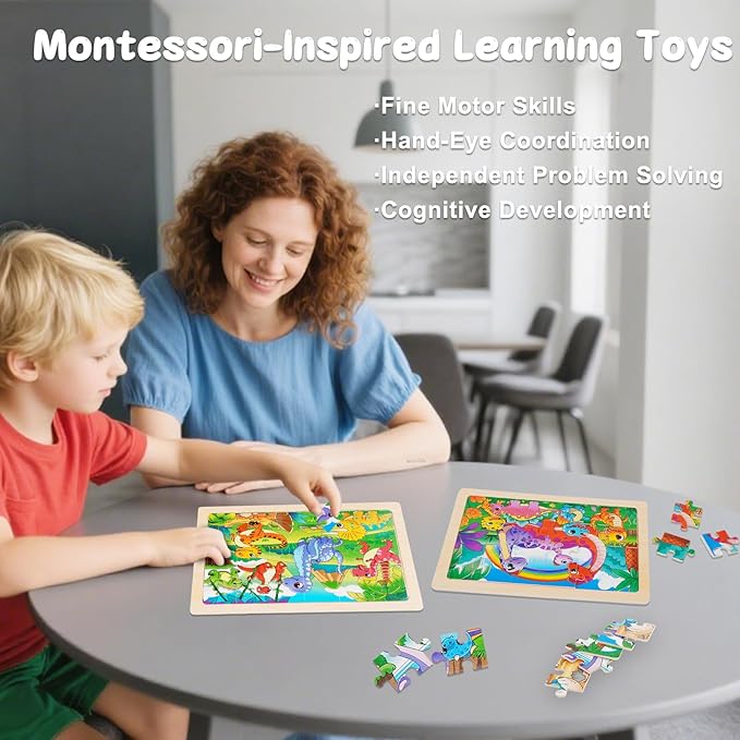 Wooden Jigsaw Puzzles for Kids Ages 3-6, 4 Pack with Dinosaurs Preschool Educational Toys, Toddler Puzzles Gift for 3 4 5 Year Old Boys Girls (Dinosaur)