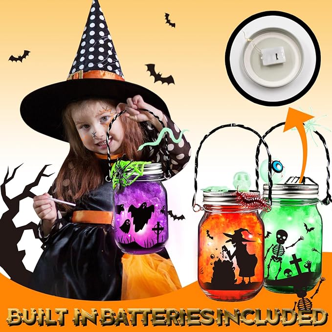 Shemira Halloween Craft Kit for Kids, 12 pcs Glass Mason Jar with Accessories for DIY Lantern Jar, Halloween Art & Craft Party Supplies, Halloween Art Activities, Crafts and Arts Party Supplies