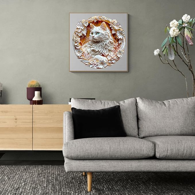 Wooden Puzzle for Adults-3D Visual Effect White Cat Wooden Puzzle Unique Shape Advanced Wooden Jigsaw Puzzle for Adult, Best Birthday Gifts,Halloween Challenge Craft (L-13.4 * 13.3in-300pcs)