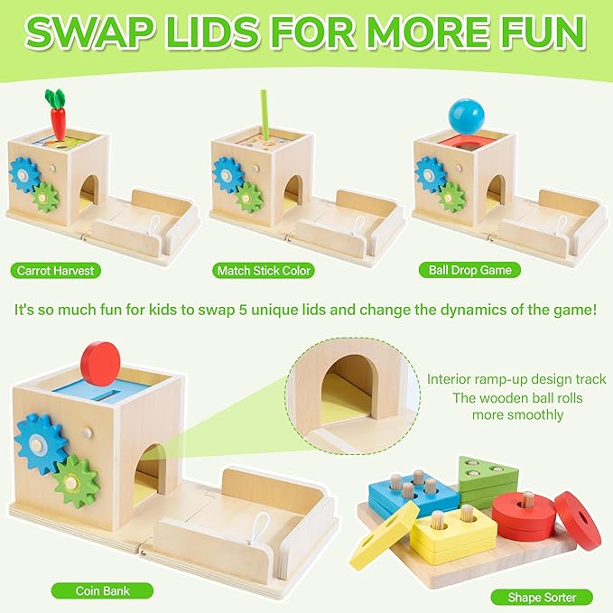 JUSTWOOD Montessori Toys for 1+ Year Old, 8-in-1 Wooden Play Kit Includes Object Permanent Box, Learning Activity Cube, Sorting & Stacking Toy, Carrot Harvest Game, Gift for Boys Girls Age 12+ Months