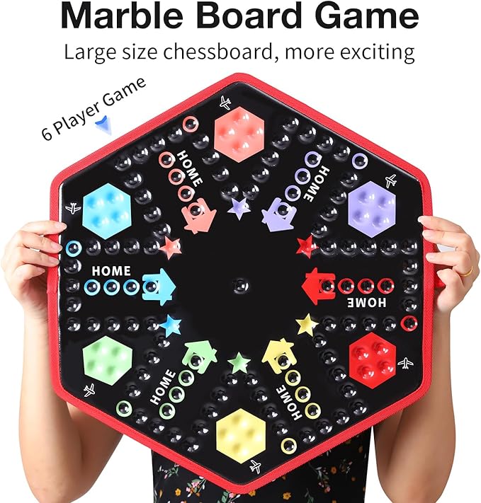 Wahoo Board Game Classic Marble Board Game Fast Track Game Foldable Base for 4 or 6 Players,with 6 Color,30 Marbles,6 Dices for Family Friends Party