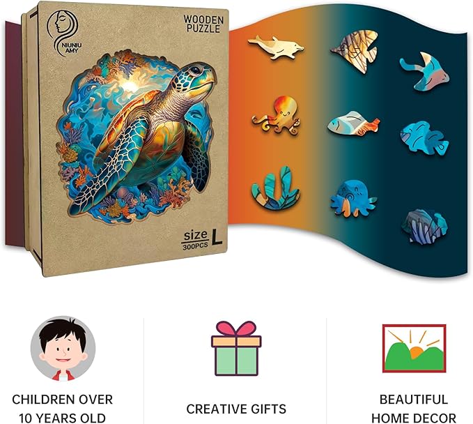 Wooden Puzzle,Coral Sea Turtle Jigsaw Puzzles 300 Piece,Fun Challenging Puzzles Family Game Gift,Unique Shape Puzzles for Adults 14.9 x 14.9 Inch