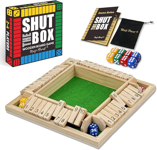 Classic Original Shut The Box Game, Math Dice Board Game for Family Night Classroom Travel, Wooden Tabletop Present for Group Kid Adult Senior, Camp Party Bar, Easy Quick and Fun, 2-4 Players