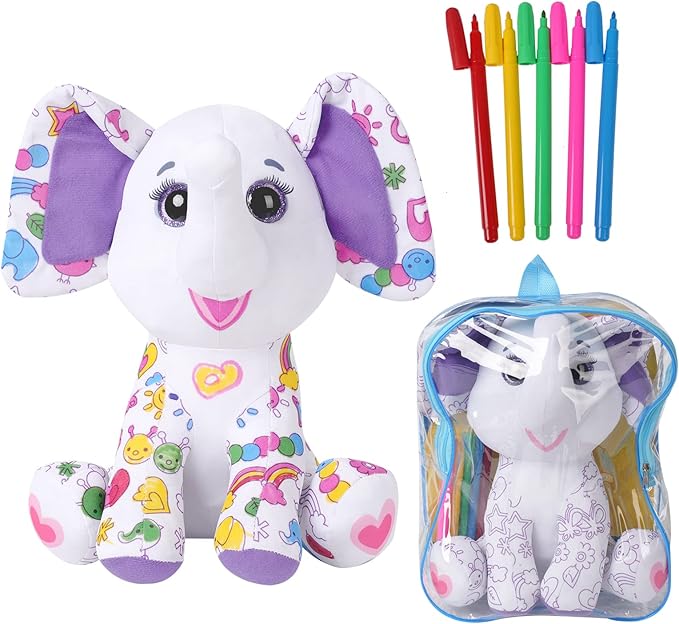 Coloring Plush Toy with 5 Washable Markers for Little Girls Doodle Dolls for Kids Ages 4-6 Birthday (Elephant)