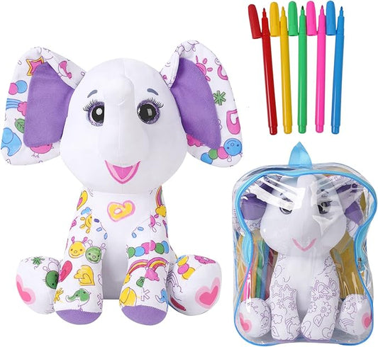 Coloring Plush Toy with 5 Washable Markers for Little Girls Doodle Dolls for Kids Ages 4-6 Birthday (Elephant)