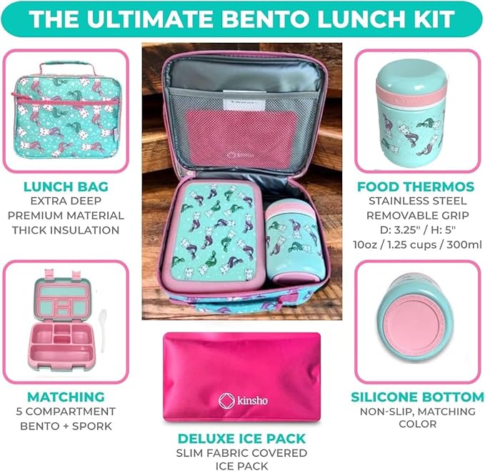 Bento Box with Stainless Steel Food Thermo for Hot Food or Soup, Insulated Lunch Bag, and Ice Pack Set for Kids Girl Toddlers. Ages 3 to 7 Pink Aqua Cat Mermaid
