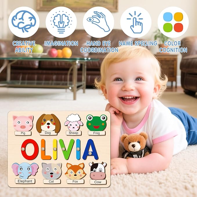 Personalized Name Puzzle for Kids, Customized Baby Gifts, 1st Birthday Gifts for Girls Boys, Toddler Learning Toys 1-3 Animal Puzzle Montessor Toys for Kids