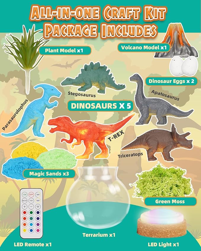 Light-Up Dinosaur Terrarium Kit for Kids, DIY Dino Toys Arts & Crafts Gift for Kid Boys Age 4 5 6 7 8-12 Years Old, LED Night Light with Remote, Birthday Easter Back to School Decoration Present