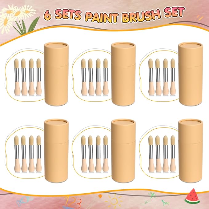 6 Pack Watercolor Paint Brushes Bulk Set for Kids Baby Toddler-4 Pcs Per Set Jumbo Brushes with Chubby Wood Handles for Easy Grip Paintbrushes Non Toxic Bristles for Art Craft (Wooden Color)