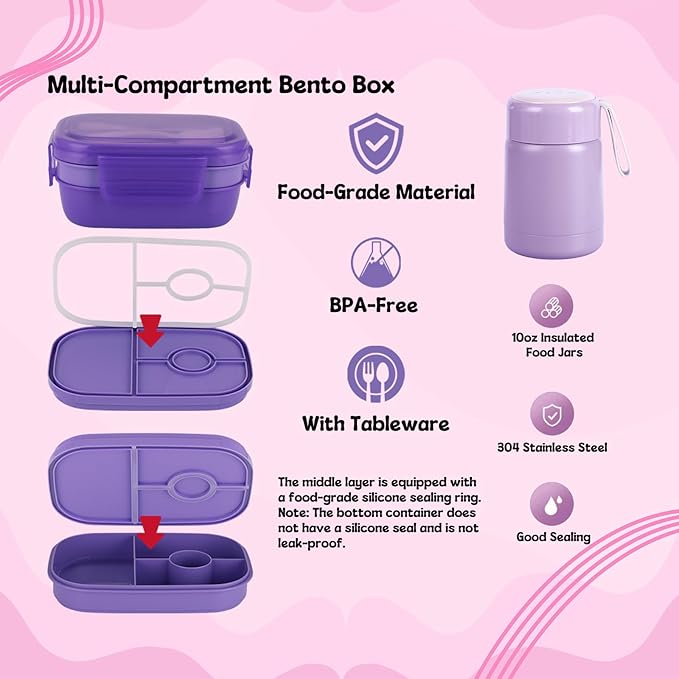 Bento Lunch Box Set for Girl Kids, with 10oz Soup Thermo, Leak-Proof Food Containers, Insulated Nylon Preppy Lunch Bag with Adjustable Strap for Girls School Travel Picnic