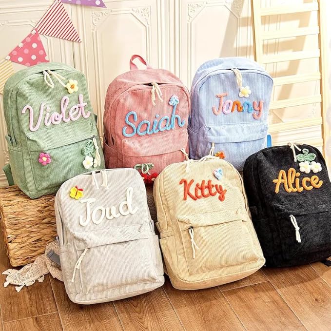 Personalized Corduroy Backpack for Girls Boys, Custom Name School Bag with Cotton Rope Woven, Customize Back to School Bag Gifts for Kids, Birthday/Christmas Gift
