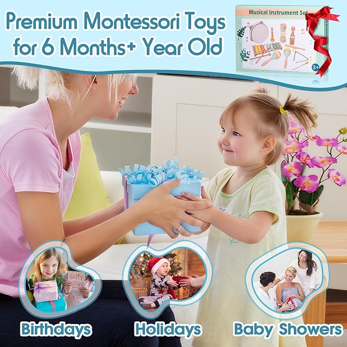 Toddler Musical Instruments Set, Wooden Montessori Toys for 1 2 3 Year Old Boys Girls, Baby Musical Toys with Storage Bag for Early Learning, Christmas Birthday Gift for Kids Preschool Educational