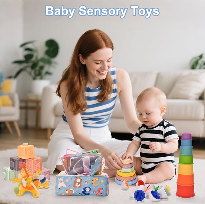 Montessori Toys for 1 Year old,Baby Toys 6-12 Months,6-in-1 Sensory Toy for Babies 6 month old,Stacking Blocks Cups,Pull String,Matching Eggs,Sensory Tissue Box Toy for Toddlers 6-9-12 Months Gifts
