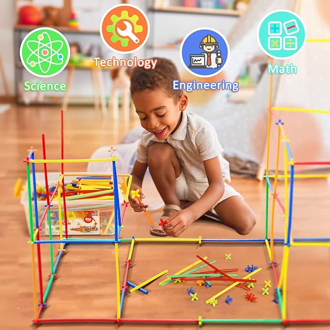 Ggiibro Straw Constructor Toys 800Pcs STEM Building Toy for 3+ Year Interlocking Plastic Engineering Toys Thin Tube Blocks Educational Toy Kit for Indoor Kids Toy with a Storage Box