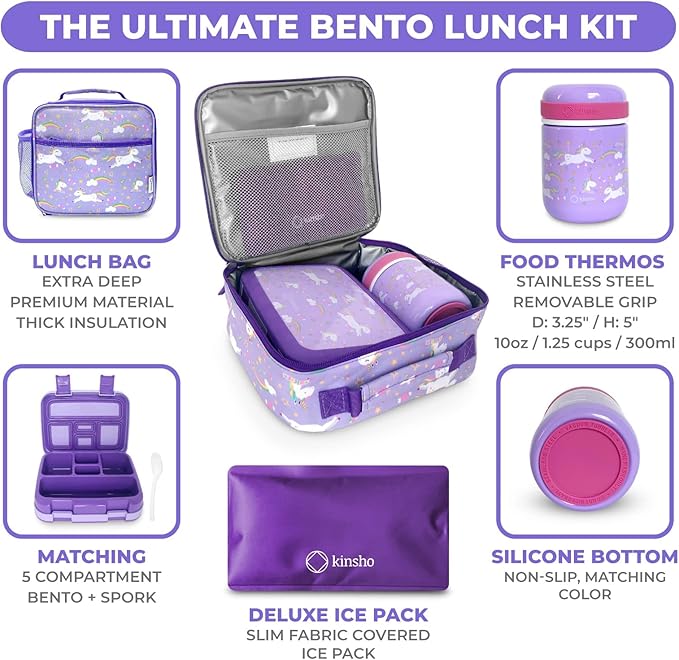 Bento Box with Stainless Steel Thermo, Insulated Lunch Bag, Ice Pack Set for Kids - 5 Compartments, Lunches or Snack Container for Girls, Toddlers Daycare Pre-School, Kindergarten Purple Unicorn