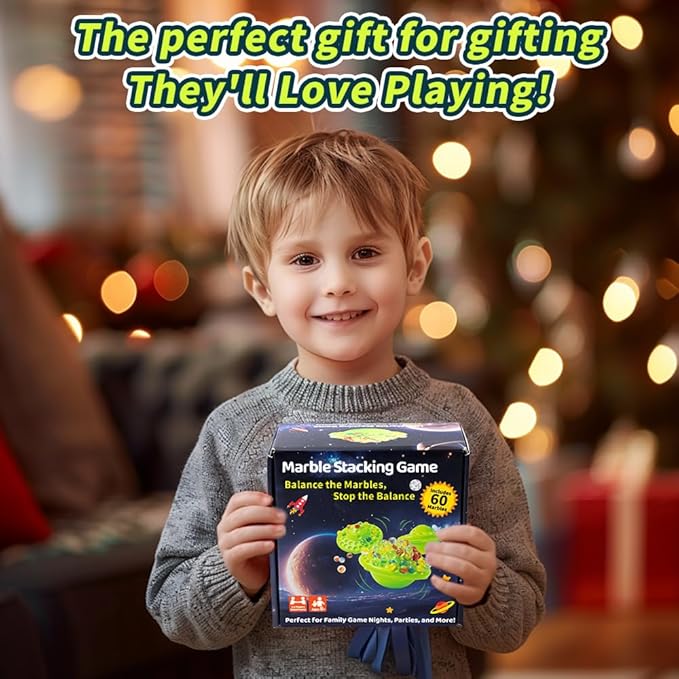 Marble Balancing Game for 1-4 Players with 60 Colorful Marbles & UFO Design - Built-in Storage Family Challenge, Fun Stacking Party Game for Kids Adults Ages 8-12, Perfect Holiday Birthday Gift