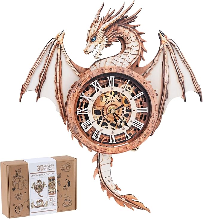 Rnfinewow 3D Wooden Puzzles for Adults, 3D Puzzles Dragon Clock Kit (with Pendulum), Beginners Wooden Puzzle for Adults Teens Home Wall Decor Clock Gifts for Men Women