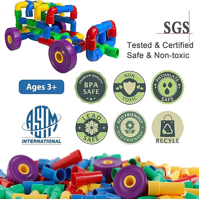 ZOZOPLAY STEM Learning Toy Tubular Pipes & Spouts & Joints 96 Piece Build Bicycle, Tank, Scootie, Moter Skills Endless Designs Educational Building Blocks Set for Kid Ages 3+ Multicolor