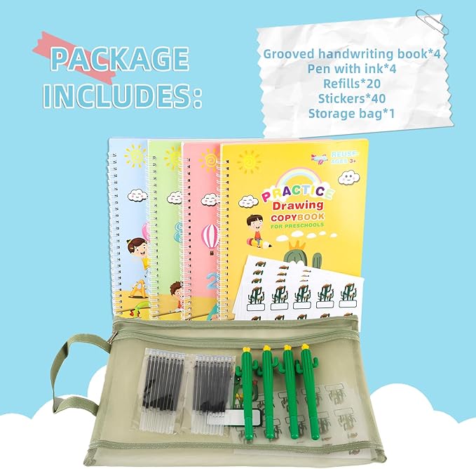 Grooved Handwriting Book Practice, Magic Copybooks for Kids Reusable Handwriting Practice Set, Preschool Calligraphy Workbook with a Storage Bag for Easy Use