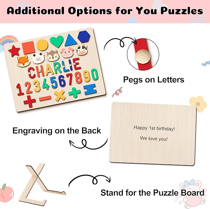 Personalized Baby Name Puzzle | Custom Wooden Baby Toy for Toddlers 1-3 | Montessori Learning Toys for Boys & Girls | Perfect Kids Gift for First Birthdays & Christmas (Plus)