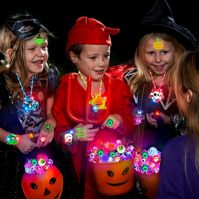 84 PCS Halloween Party Favors for Kids, Halloween Glow in The Dark Toys Bulk Light Up Necklace Bracelet LED Rings Halloween Goodie Bag Fillers Treats for Classroom Prizes Trick or Treat Gifts Game